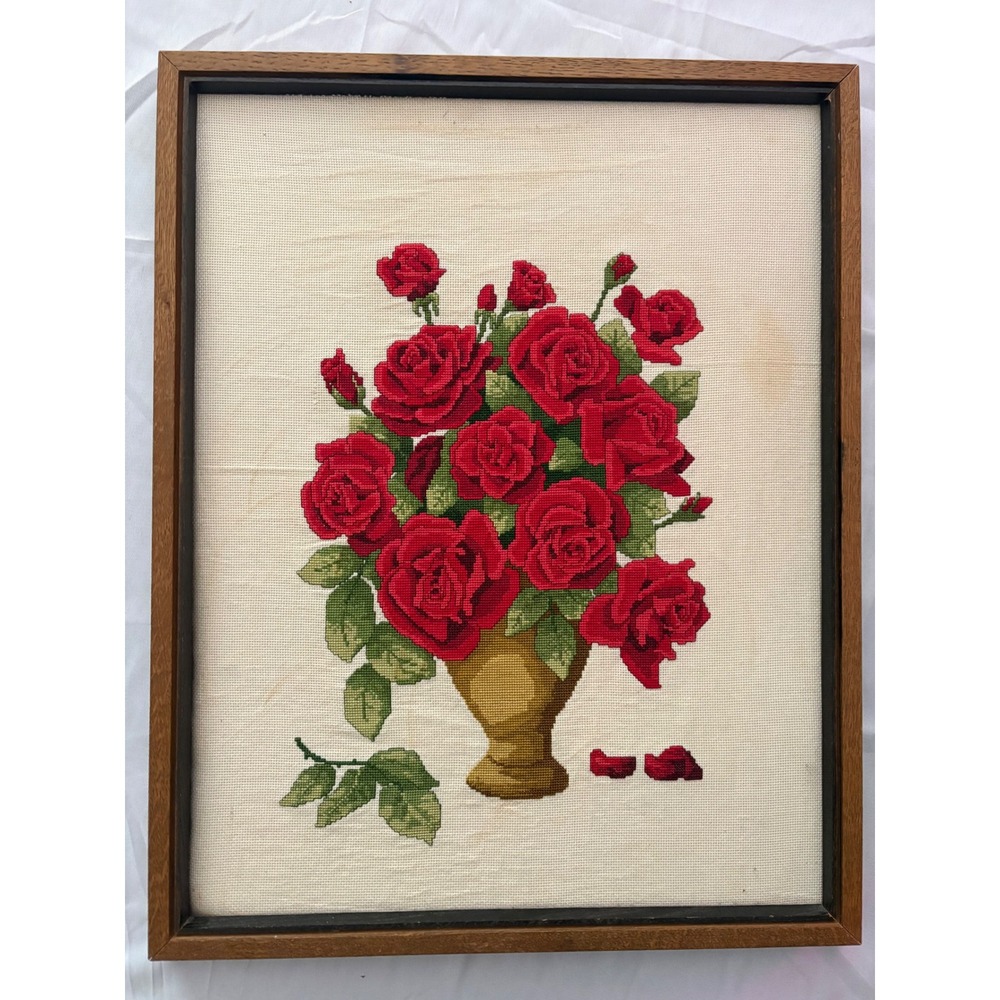 Vintage 1986 Framed Needlepoint Red Roses Floral Wall Art Cottagecore 14x18